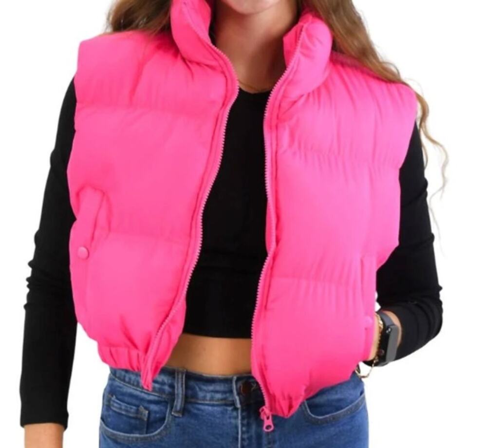 ANWND Hot Pink Right Addition High Collar Zip Front Crop Puffer Vest Size M